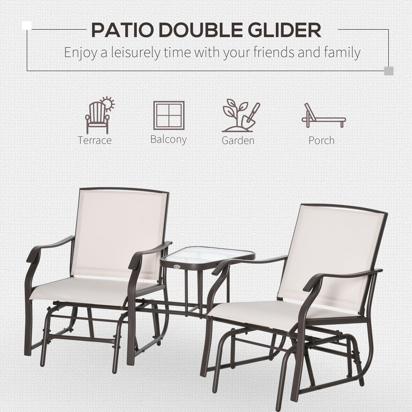 Outsunny Outdoor Glider Chairs with Coffee Table, Patio 2-Seat Rocking Chair Swing Loveseat with Breathable Sling for Backyard, Garden, and Porch, Beige