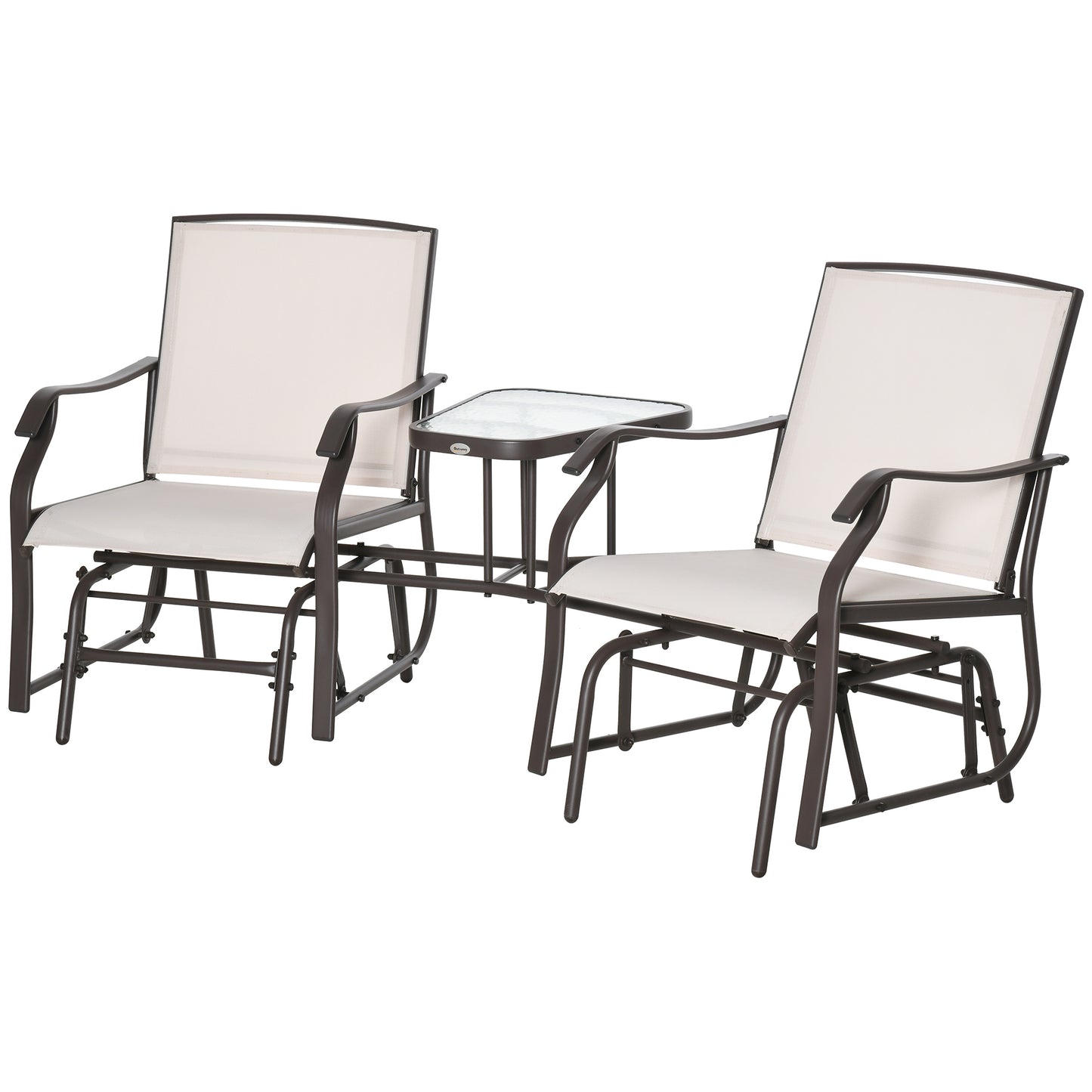 Outsunny Outdoor Glider Chairs with Coffee Table, Patio 2-Seat Rocking Chair Swing Loveseat with Breathable Sling for Backyard, Garden, and Porch, Beige