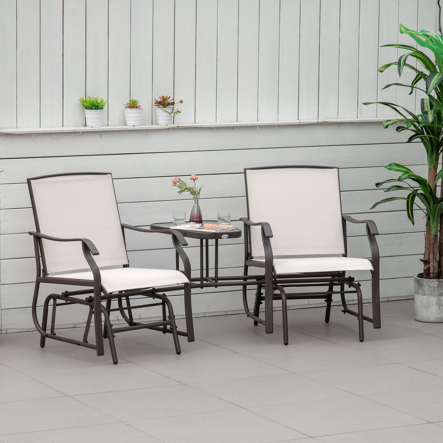 Outsunny Outdoor Glider Chairs with Coffee Table, Patio 2-Seat Rocking Chair Swing Loveseat with Breathable Sling for Backyard, Garden, and Porch, Beige