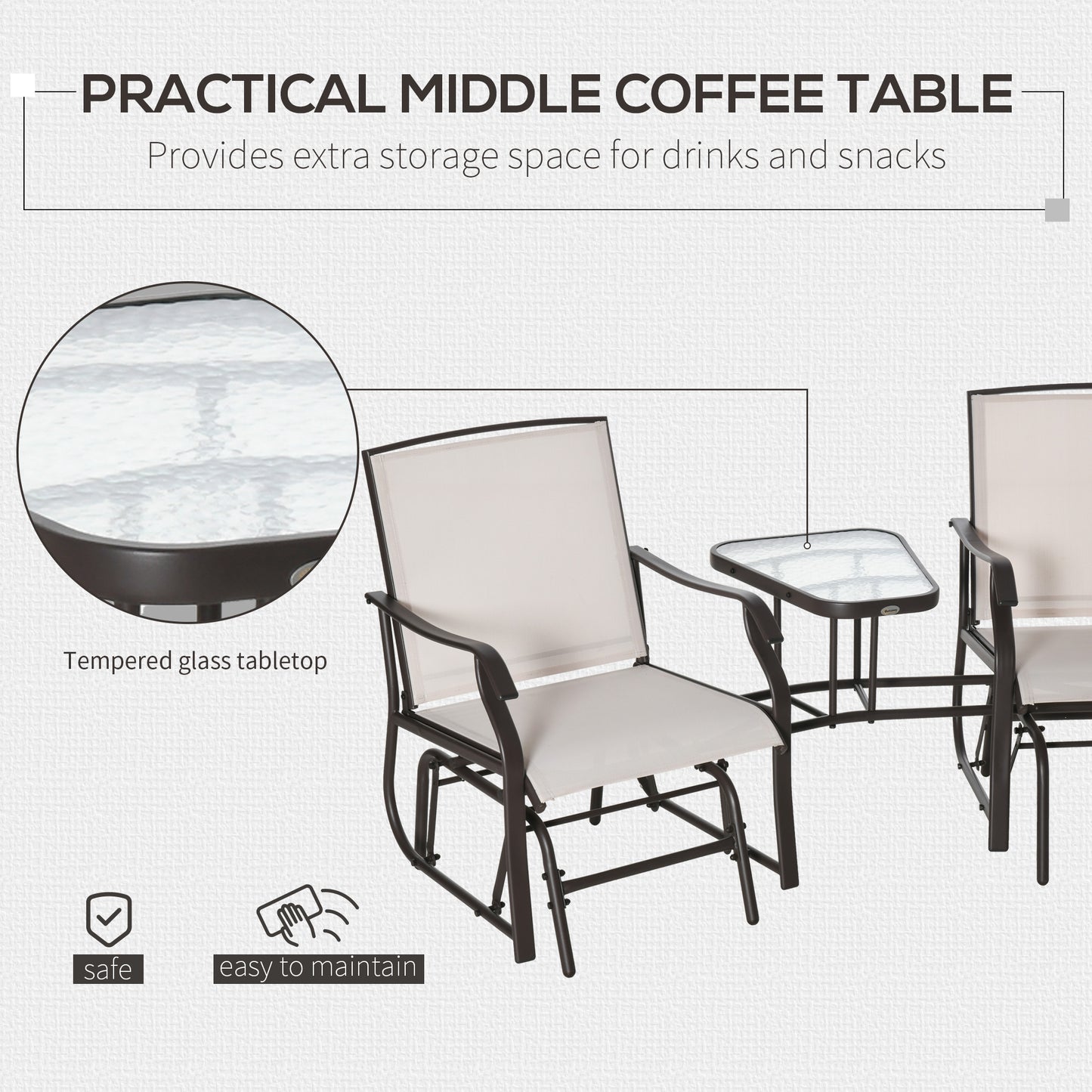 Outsunny Outdoor Glider Chairs with Coffee Table, Patio 2-Seat Rocking Chair Swing Loveseat with Breathable Sling for Backyard, Garden, and Porch, Beige