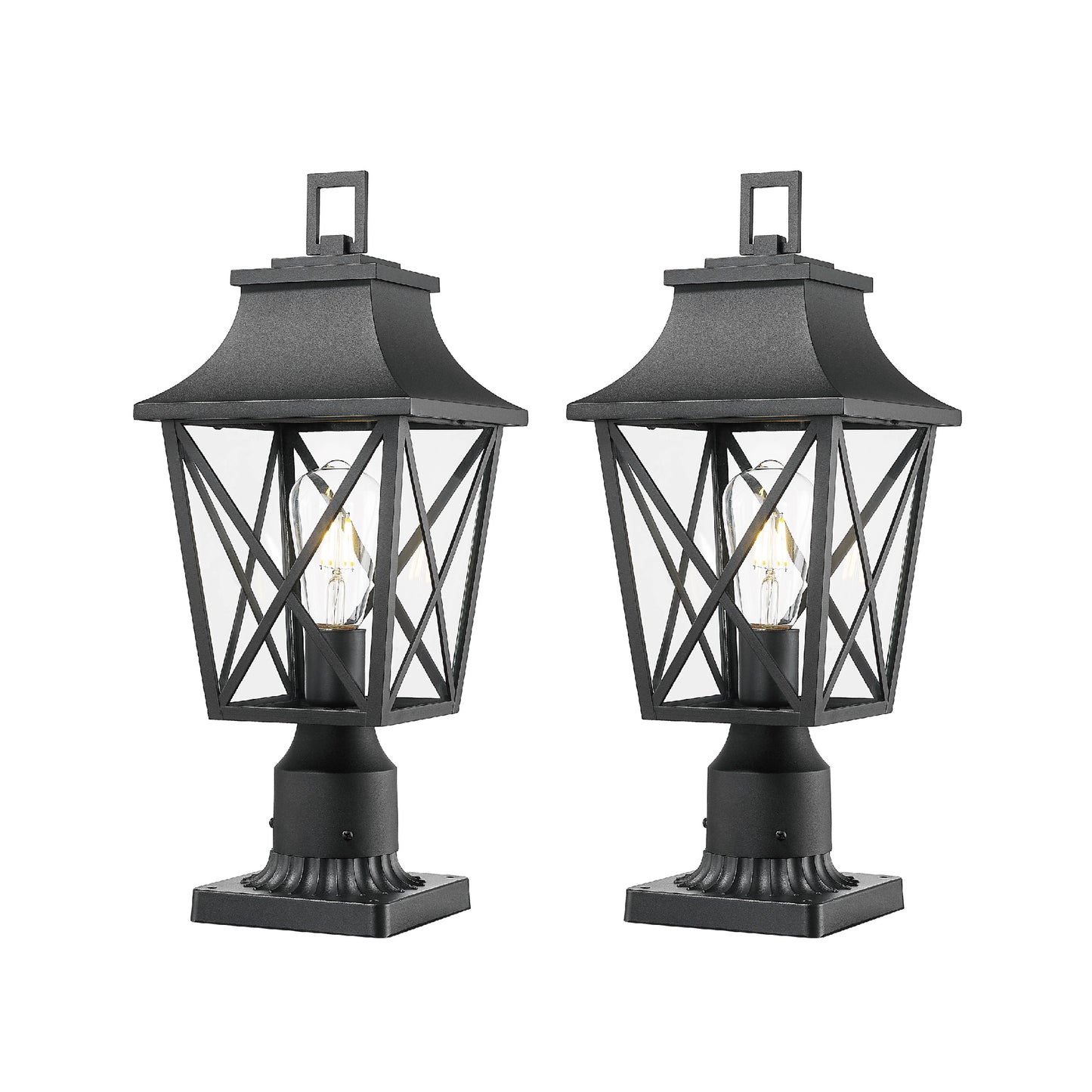 Outdoor Post Light, Black Pole Lantern Lighting Fixture with Pier Mount Base Hard Wired, Outdoor Column Lights Exterior Lamp Post Lantern with Glass for Garden Yard Patio Path (2 pack)