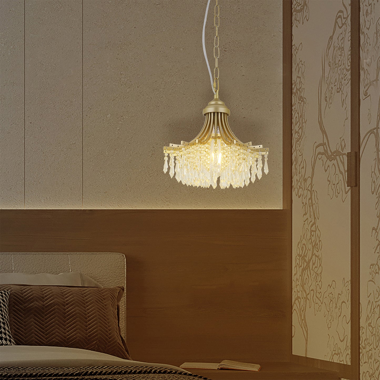 11.75" Dia X 10" H Single Bulb Matte Gold Glass Fan Shape Pendant Chandelier