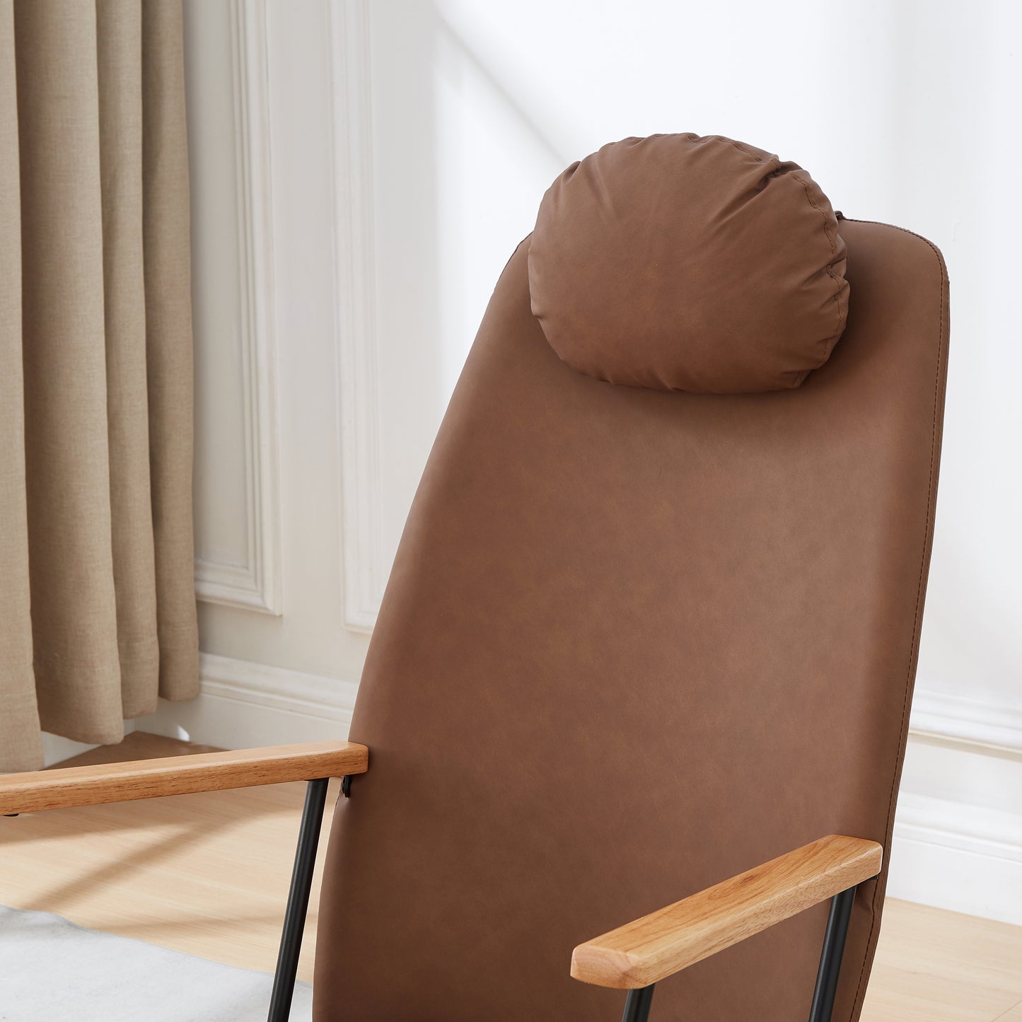Adjustable Headrest Pillow Rocking Chair, Technical Leather Upholstered Glider Rocker with High Backrest, Modern Rocking Accent Chairs Comfy Side Chair for Nursery, Bedroom, Living Room (Brown)