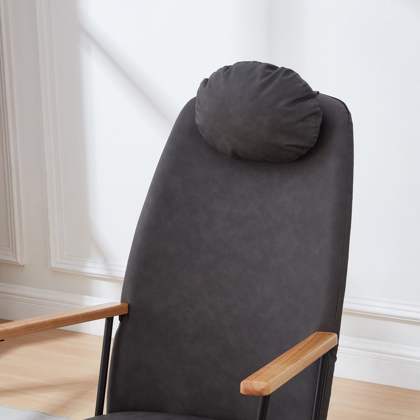 Adjustable Headrest Pillow Rocking Chair, Technical Leather Upholstered Glider Rocker with High Backrest, Modern Rocking Accent Chairs Comfy Side Chair for Nursery, Bedroom, Living Room (Dark Grey)