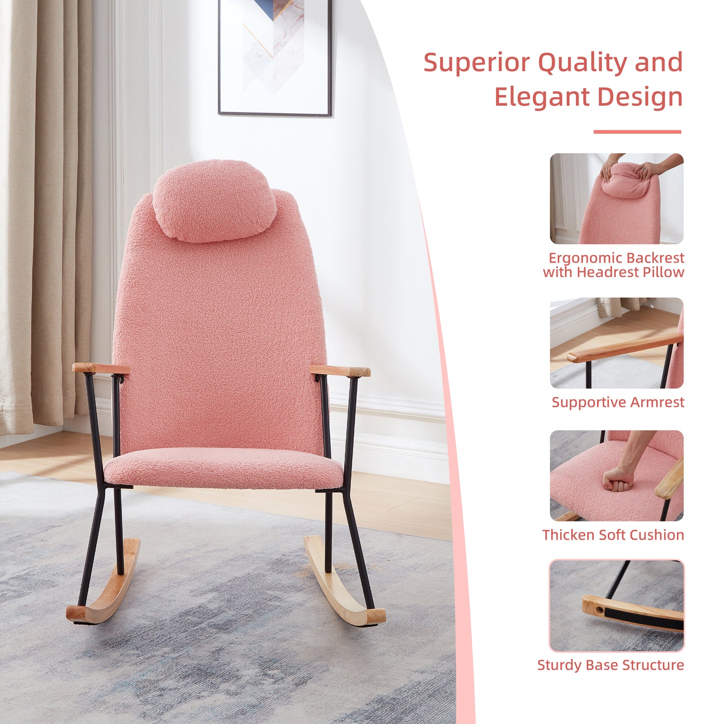 Adjustable Headrest Pillow Rocking Chair, Teddy Fabric Upholstered Glider Rocker with High Backrest, Modern Rocking Accent Chairs Comfy Side Chair for Nursery, Bedroom, Living Room (Pink)