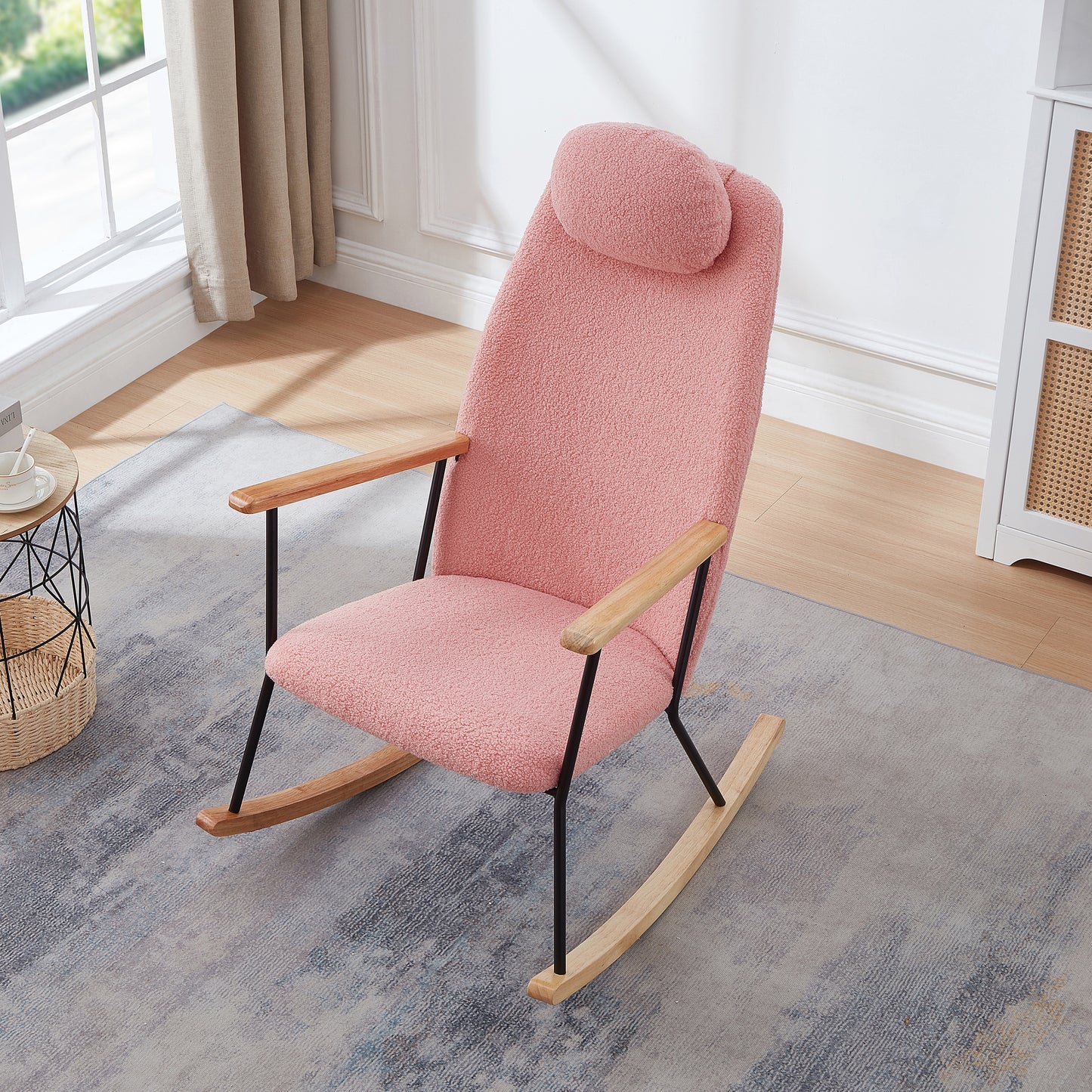 Adjustable Headrest Pillow Rocking Chair, Teddy Fabric Upholstered Glider Rocker with High Backrest, Modern Rocking Accent Chairs Comfy Side Chair for Nursery, Bedroom, Living Room (Pink)