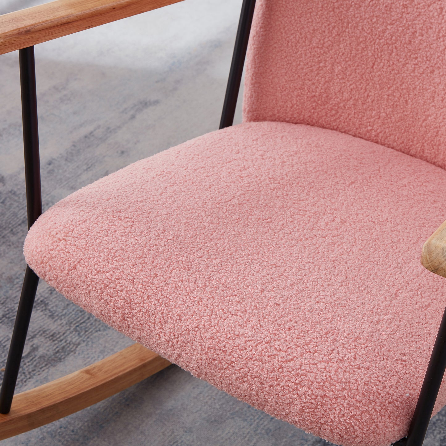 Adjustable Headrest Pillow Rocking Chair, Teddy Fabric Upholstered Glider Rocker with High Backrest, Modern Rocking Accent Chairs Comfy Side Chair for Nursery, Bedroom, Living Room (Pink)