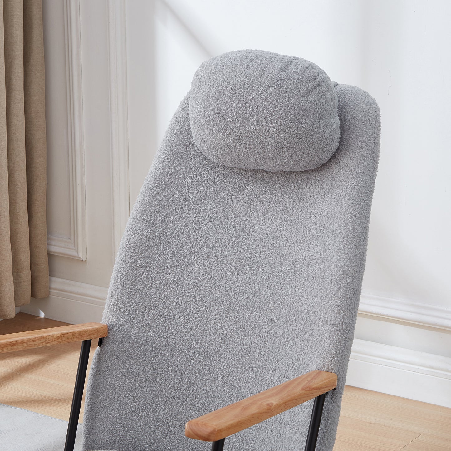 Adjustable Headrest Pillow Rocking Chair, Teddy Fabric Upholstered Glider Rocker with High Backrest, Modern Rocking Accent Chairs Comfy Side Chair for Nursery, Bedroom, Living Room (Light Grey)