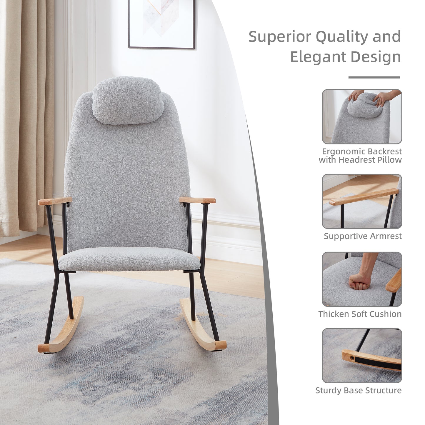 Adjustable Headrest Pillow Rocking Chair, Teddy Fabric Upholstered Glider Rocker with High Backrest, Modern Rocking Accent Chairs Comfy Side Chair for Nursery, Bedroom, Living Room (Light Grey)