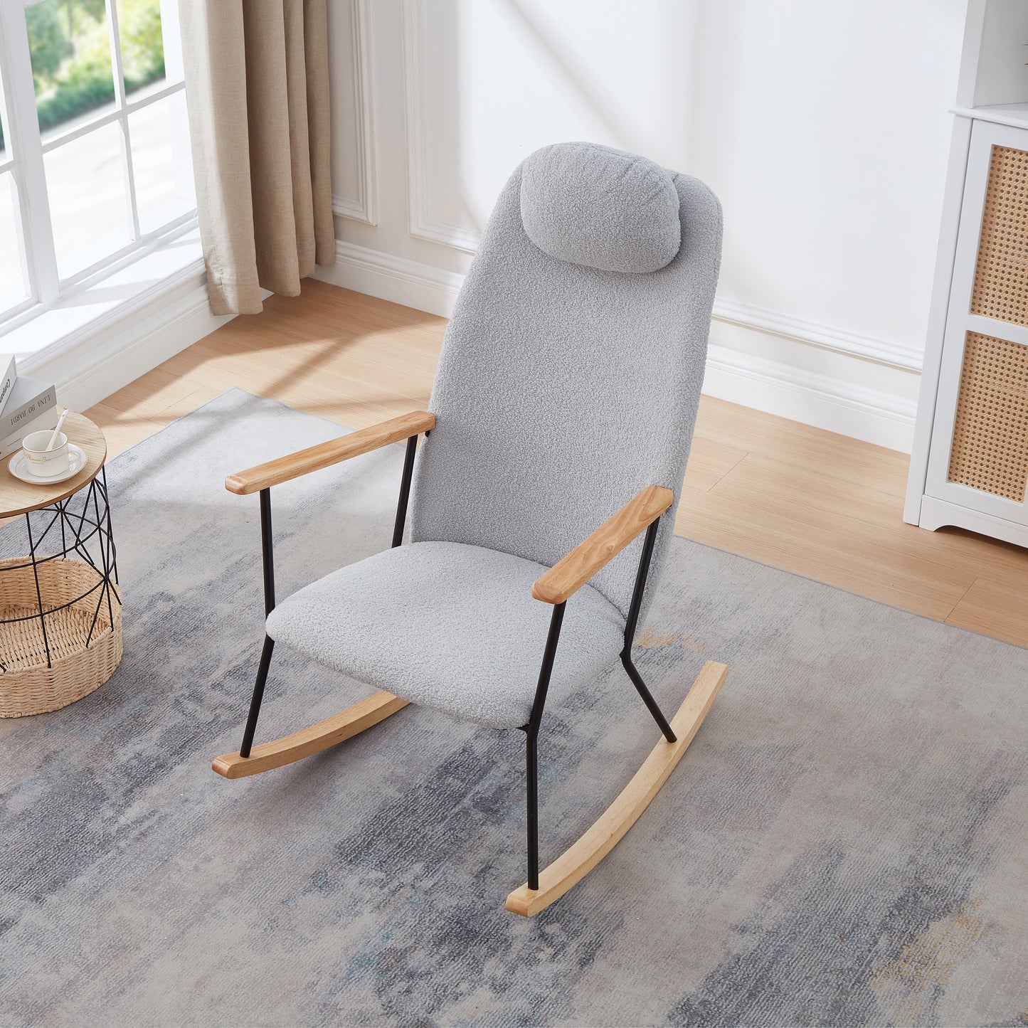 Adjustable Headrest Pillow Rocking Chair, Teddy Fabric Upholstered Glider Rocker with High Backrest, Modern Rocking Accent Chairs Comfy Side Chair for Nursery, Bedroom, Living Room (Light Grey)