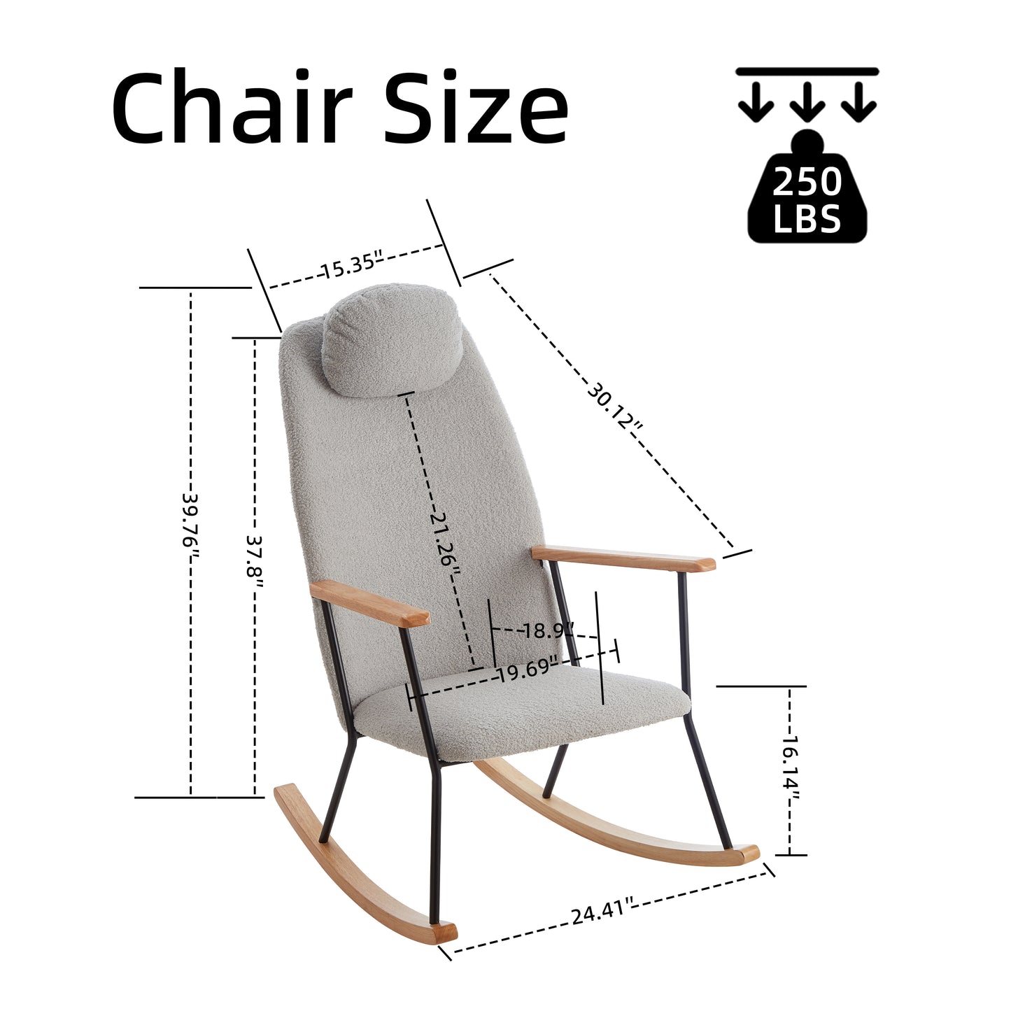 Adjustable Headrest Pillow Rocking Chair, Teddy Fabric Upholstered Glider Rocker with High Backrest, Modern Rocking Accent Chairs Comfy Side Chair for Nursery, Bedroom, Living Room (Light Grey)
