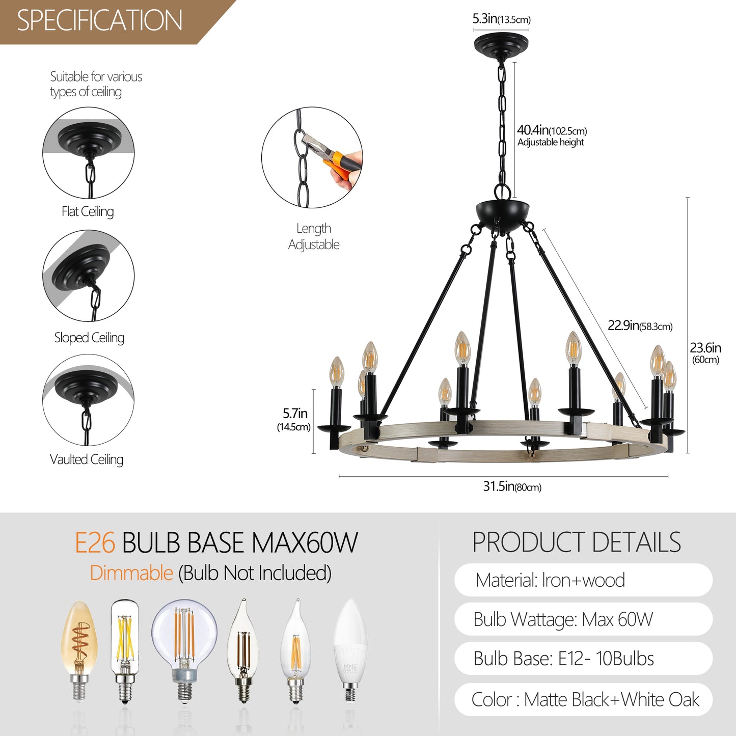 32" Rustic Farmhouse 10-Light Candle Chandelier, Black Metal and Wood Round Hanging Light Fixture for Dining Room, Kitchen, Living Room, Adjustable Height, E12 Bulb Base