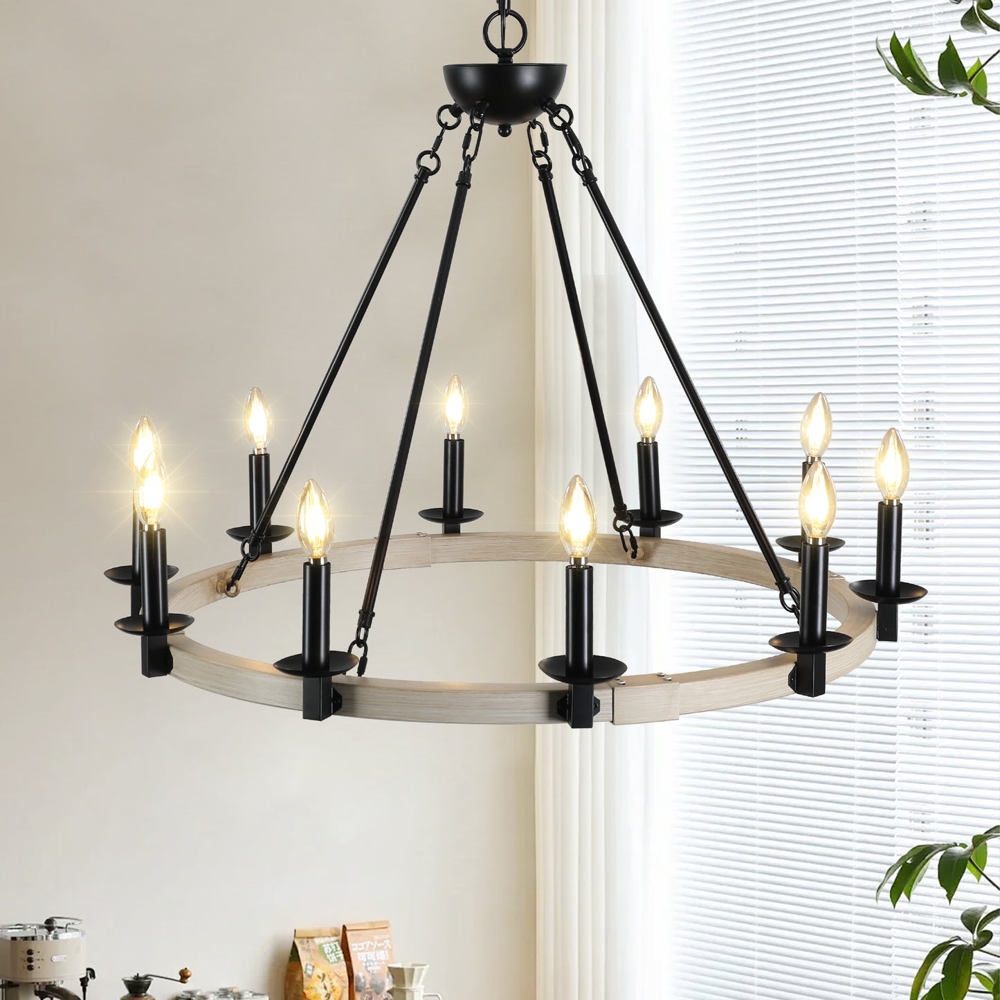 32" Rustic Farmhouse 10-Light Candle Chandelier, Black Metal and Wood Round Hanging Light Fixture for Dining Room, Kitchen, Living Room, Adjustable Height, E12 Bulb Base
