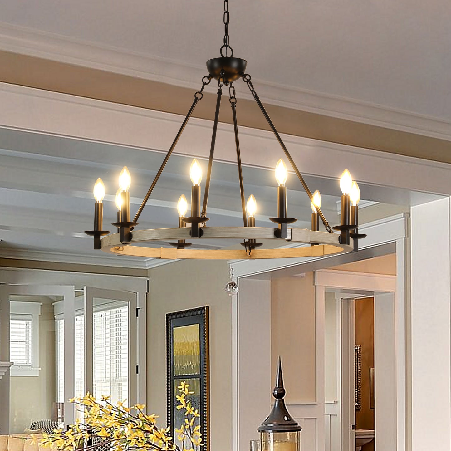 32" Rustic Farmhouse 10-Light Candle Chandelier, Black Metal and Wood Round Hanging Light Fixture for Dining Room, Kitchen, Living Room, Adjustable Height, E12 Bulb Base