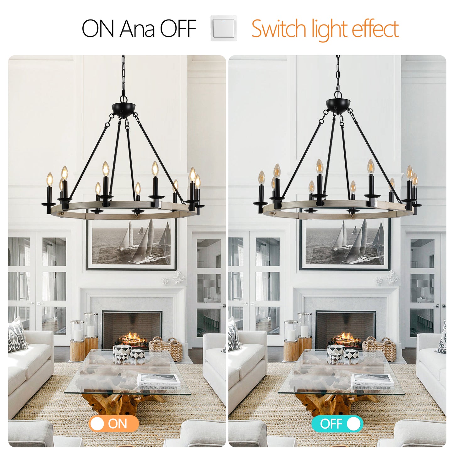 32" Rustic Farmhouse 10-Light Candle Chandelier, Black Metal and Wood Round Hanging Light Fixture for Dining Room, Kitchen, Living Room, Adjustable Height, E12 Bulb Base