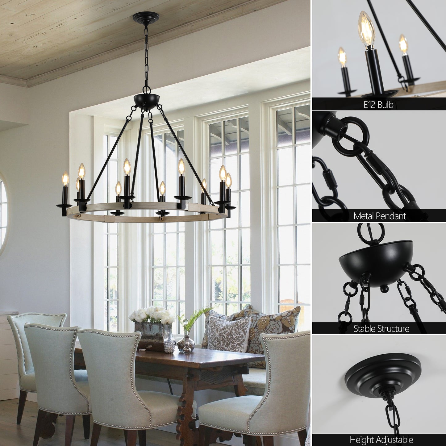 32" Rustic Farmhouse 10-Light Candle Chandelier, Black Metal and Wood Round Hanging Light Fixture for Dining Room, Kitchen, Living Room, Adjustable Height, E12 Bulb Base