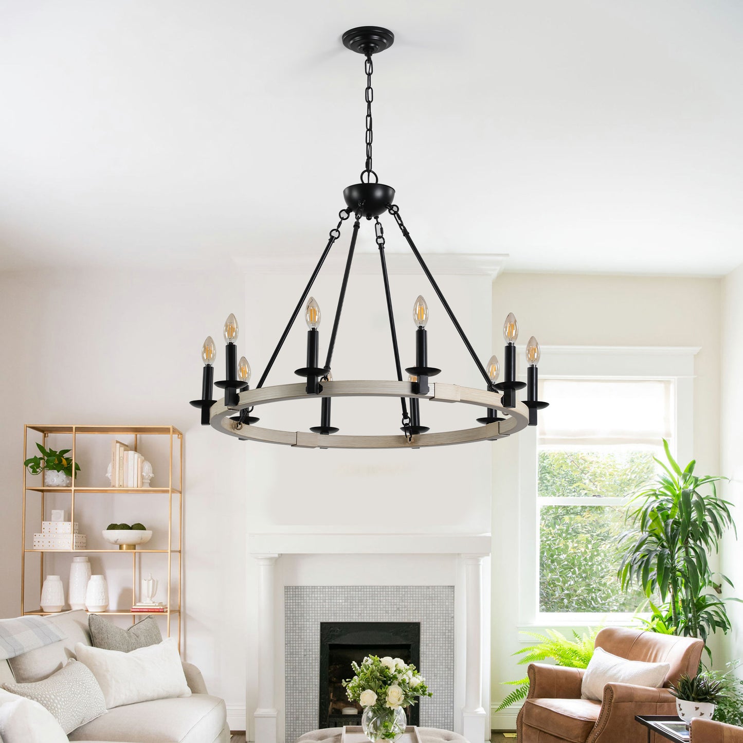 32" Rustic Farmhouse 10-Light Candle Chandelier, Black Metal and Wood Round Hanging Light Fixture for Dining Room, Kitchen, Living Room, Adjustable Height, E12 Bulb Base