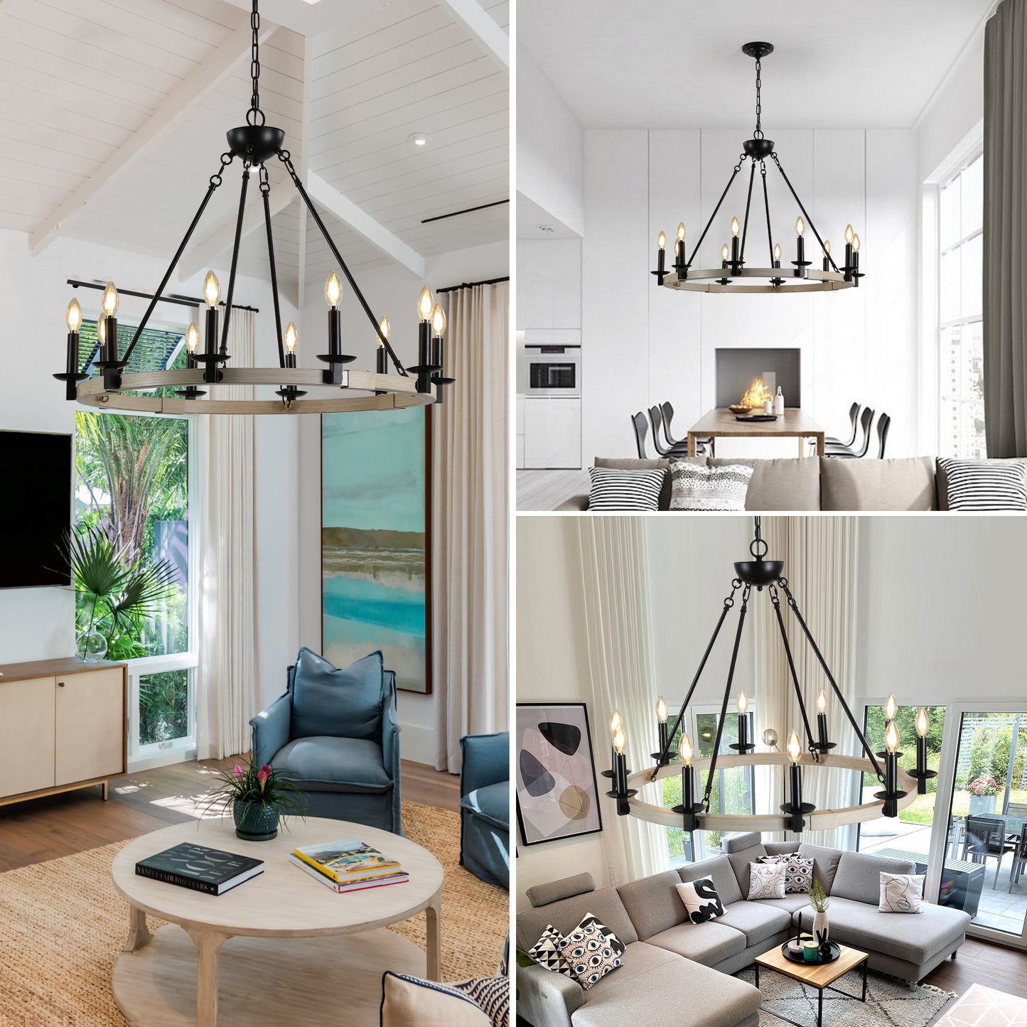 32" Rustic Farmhouse 10-Light Candle Chandelier, Black Metal and Wood Round Hanging Light Fixture for Dining Room, Kitchen, Living Room, Adjustable Height, E12 Bulb Base