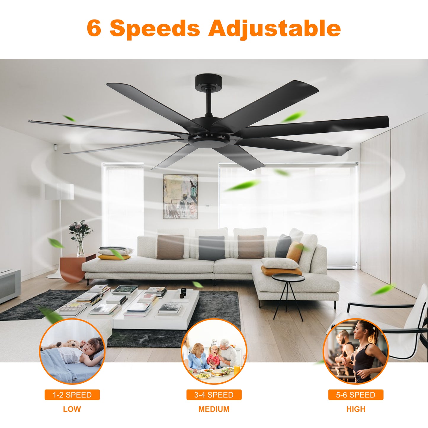 72 inch Ceiling Fans no Light with Remote Control, 8 Reversible Blade, Quiet DC Motor, Timer Function, 6-Speed, Industrial Ceiling Fan for Bedroom Home Kitchen (Black)