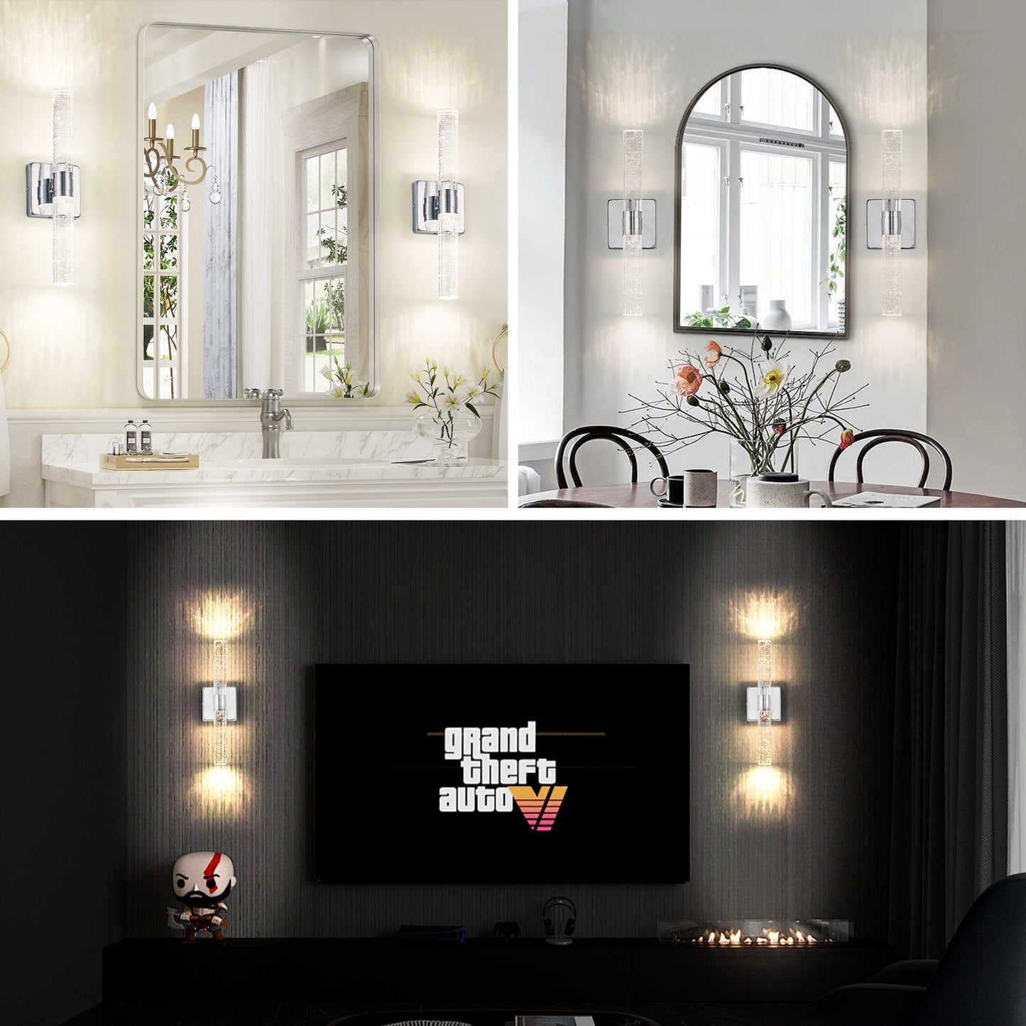 17"(H) Contemporary Crystal Wall Light, Chrome Finish with Bubble Crystal, 2-Light Sconce for Bathroom, Bedroom, Hallway – Modern Indoor Lighting Fixture