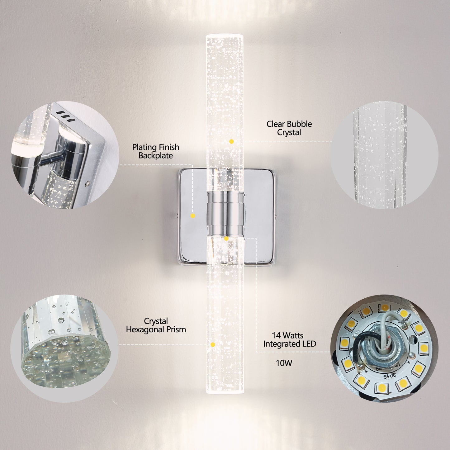 17"(H) Contemporary Crystal Wall Light, Chrome Finish with Bubble Crystal, 2-Light Sconce for Bathroom, Bedroom, Hallway – Modern Indoor Lighting Fixture