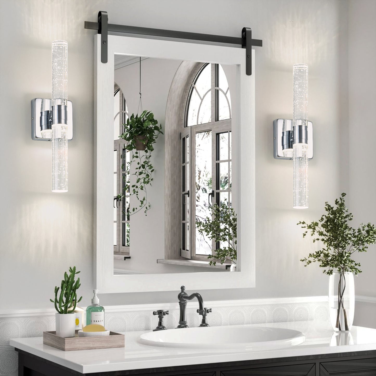 17"(H) Contemporary Crystal Wall Light, Chrome Finish with Bubble Crystal, 2-Light Sconce for Bathroom, Bedroom, Hallway – Modern Indoor Lighting Fixture