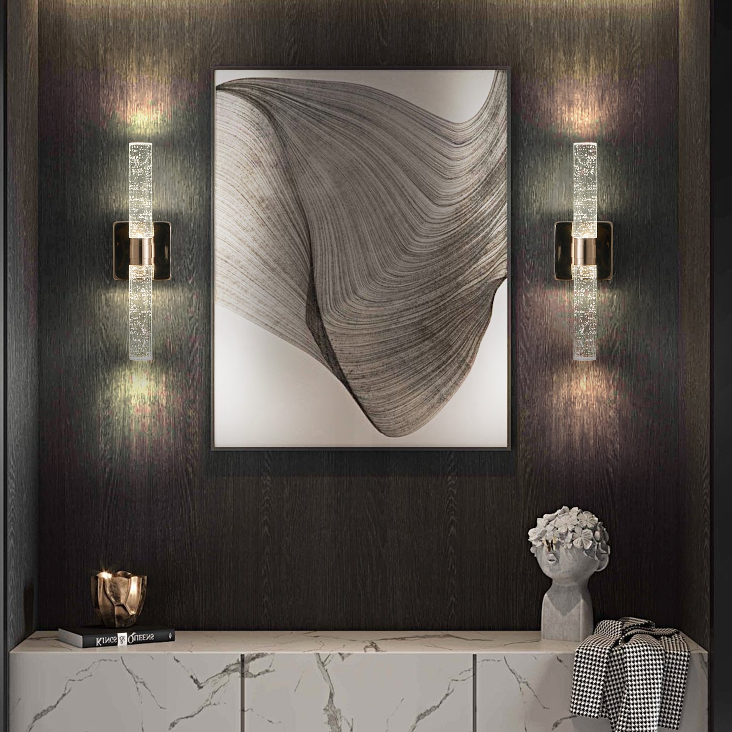 17"(H) Contemporary Crystal Wall Light, Gold Plating Finish with Bubble Crystal, 2-Light Sconce for Bathroom, Bedroom, Hallway – Modern Indoor Lighting Fixture