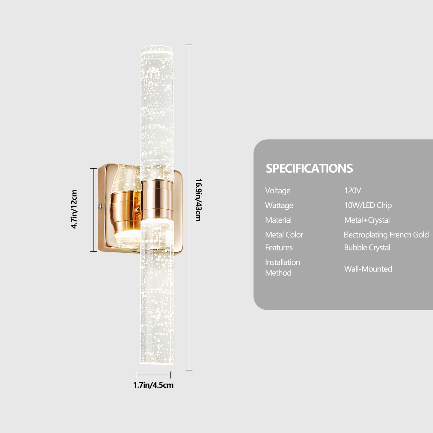 17"(H) Contemporary Crystal Wall Light, Gold Plating Finish with Bubble Crystal, 2-Light Sconce for Bathroom, Bedroom, Hallway – Modern Indoor Lighting Fixture