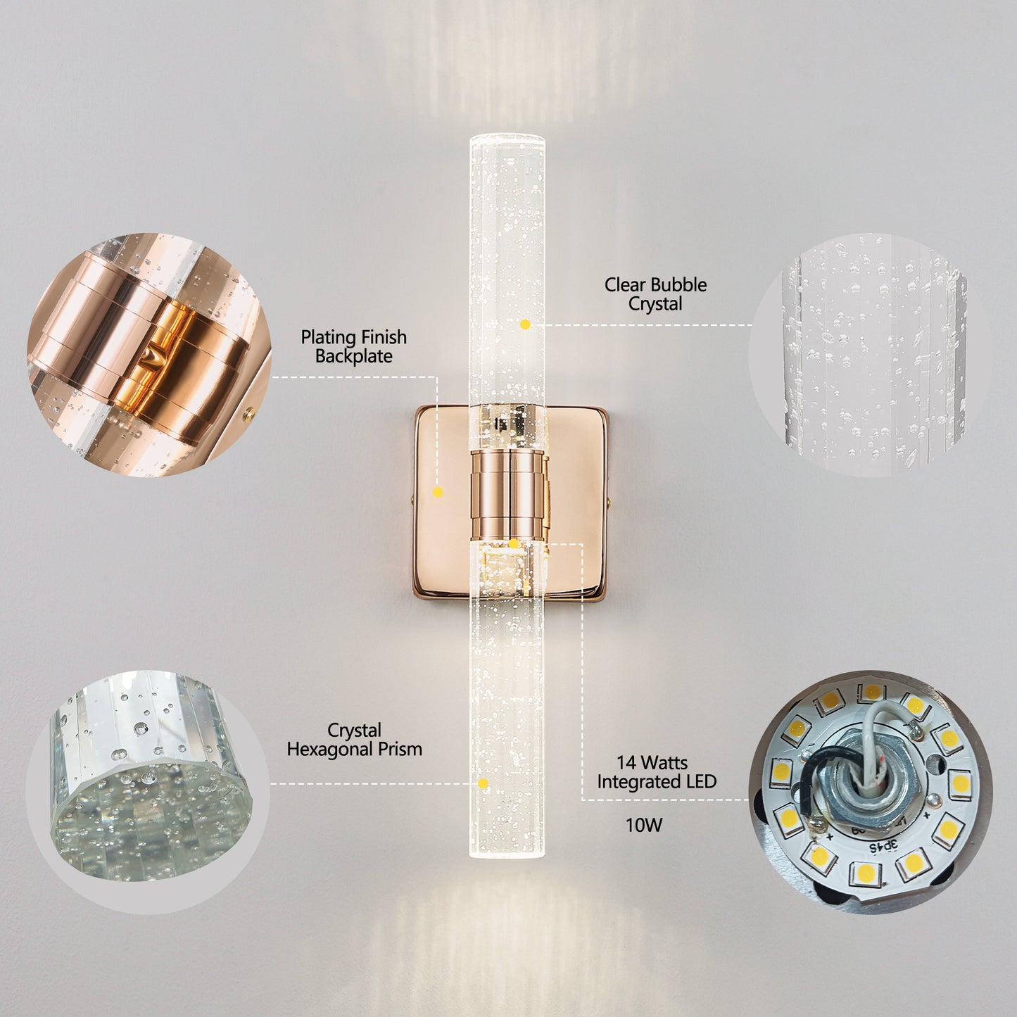 17"(H) Contemporary Crystal Wall Light, Gold Plating Finish with Bubble Crystal, 2-Light Sconce for Bathroom, Bedroom, Hallway – Modern Indoor Lighting Fixture