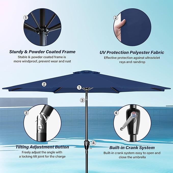 10ft Outdoor Market Patio Umbrella with 8 Sturdy Ribs, Tilt/Crank Push Button for Garden, Deck, Backyard and Pool