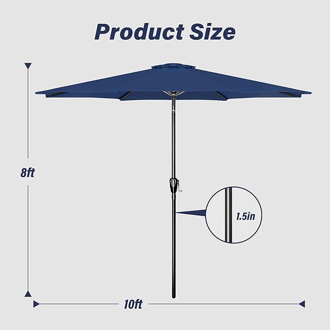 10ft Outdoor Market Patio Umbrella with 8 Sturdy Ribs, Tilt/Crank Push Button for Garden, Deck, Backyard and Pool
