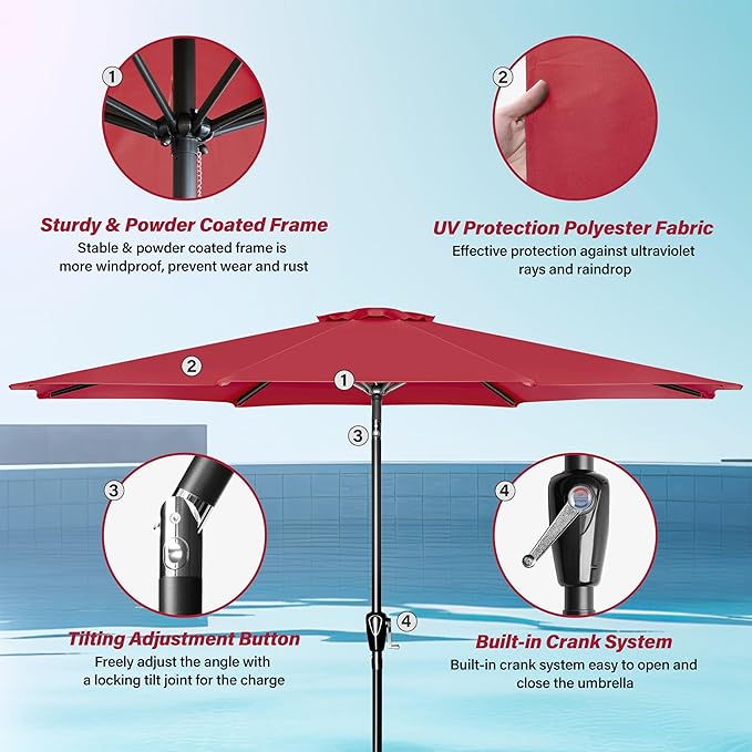 10ft Outdoor Market Patio Umbrella with 8 Sturdy Ribs, Tilt/Crank Push Button for Garden, Deck, Backyard and Pool