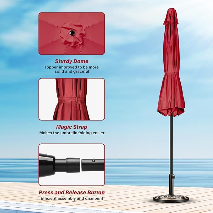10ft Outdoor Market Patio Umbrella with 8 Sturdy Ribs, Tilt/Crank Push Button for Garden, Deck, Backyard and Pool