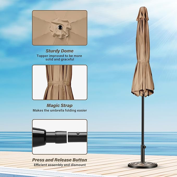10ft Outdoor Market Patio Umbrella with 8 Sturdy Ribs, Tilt/Crank Push Button for Garden, Deck, Backyard and Pool