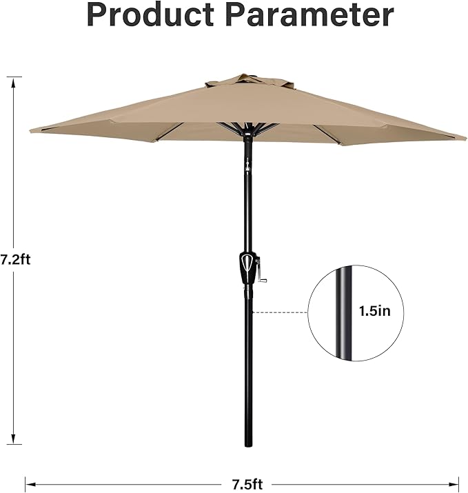 7.5' Patio Umbrella Outdoor Table Market Yard Umbrella with Push Button Tilt/Crank, 6 Sturdy Ribs for Garden, Deck, Backyard, Pool, Tan