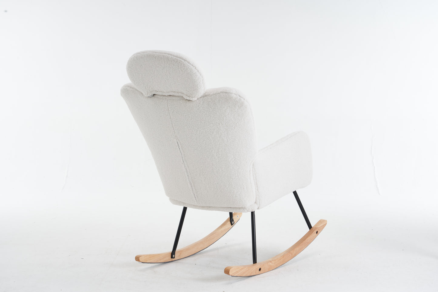 055-Teddy Fabric Upholstered Nursery Rocking Glider Chair Modern Accent Armchair Padded Seat with High Backrest and Pillow for Living Room Bedroom (Ivory)
