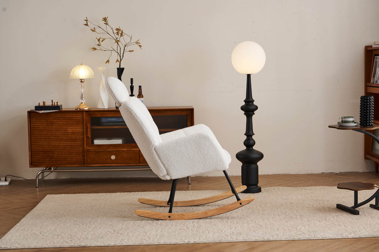 055-Teddy Fabric Upholstered Nursery Rocking Glider Chair Modern Accent Armchair Padded Seat with High Backrest and Pillow for Living Room Bedroom (Ivory)