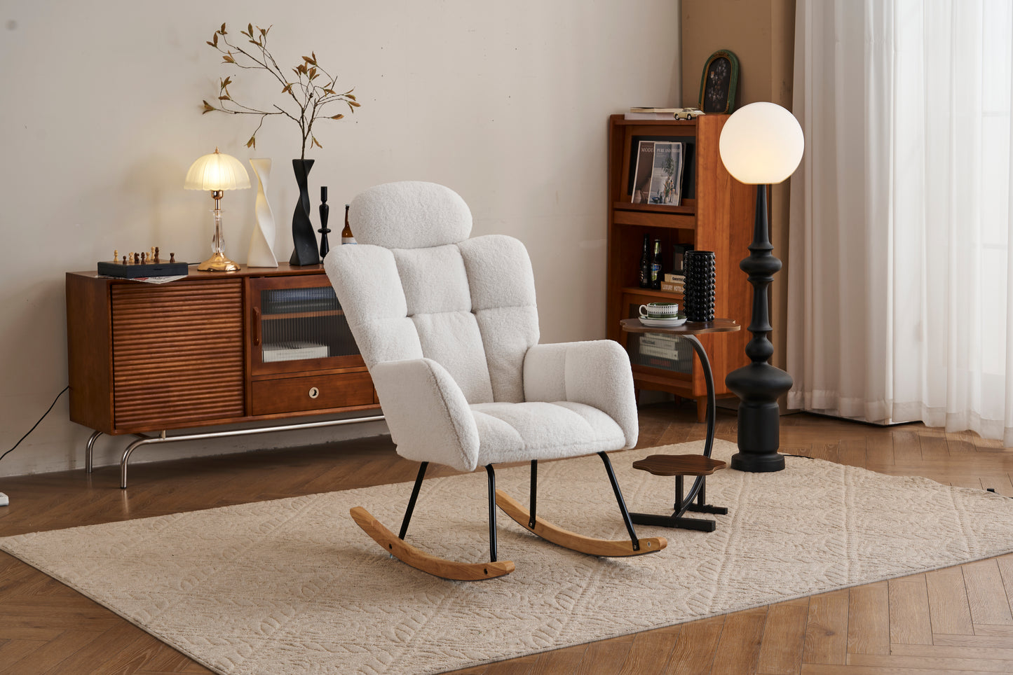 055-Teddy Fabric Upholstered Nursery Rocking Glider Chair Modern Accent Armchair Padded Seat with High Backrest and Pillow for Living Room Bedroom (Ivory)