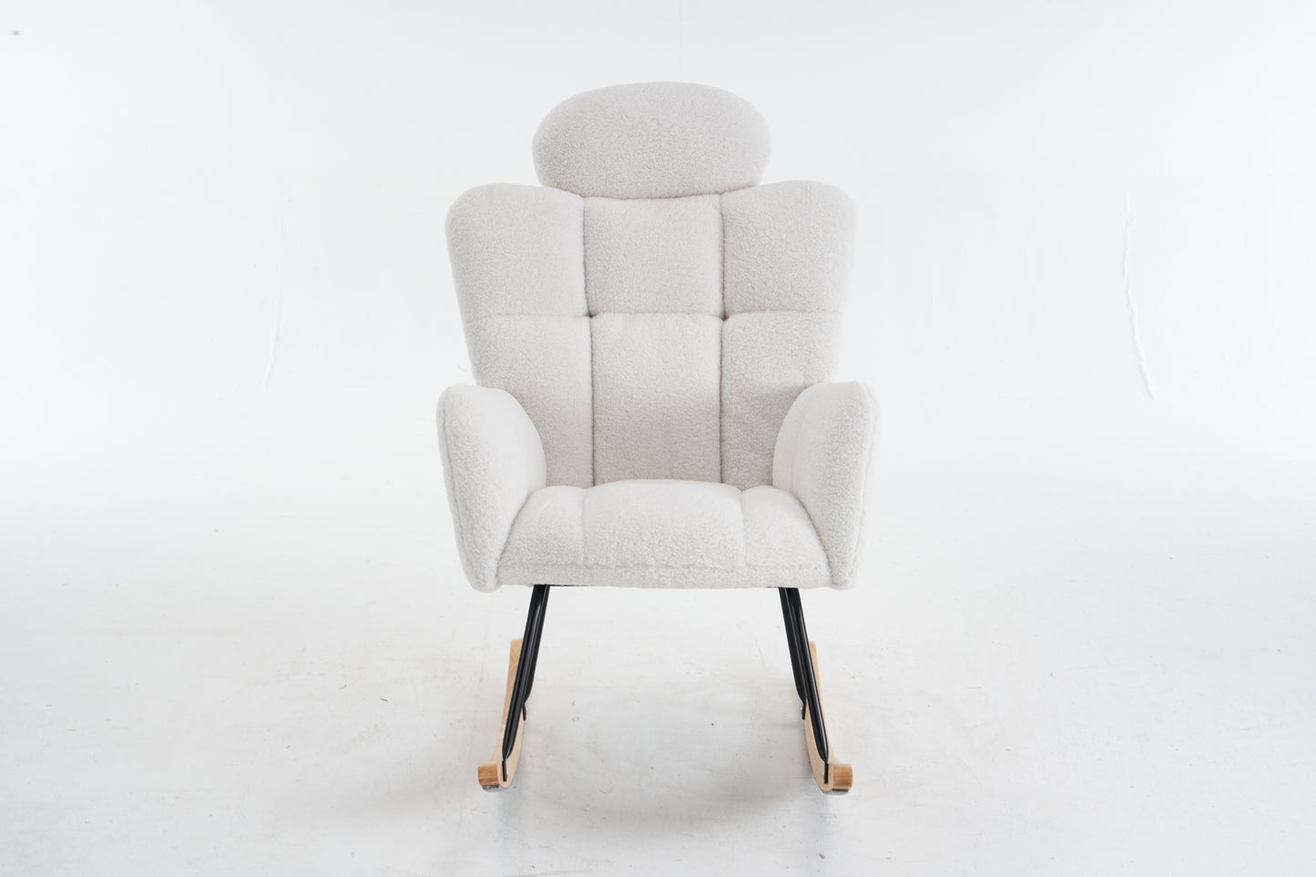055-Teddy Fabric Upholstered Nursery Rocking Glider Chair Modern Accent Armchair Padded Seat with High Backrest and Pillow for Living Room Bedroom (Ivory)