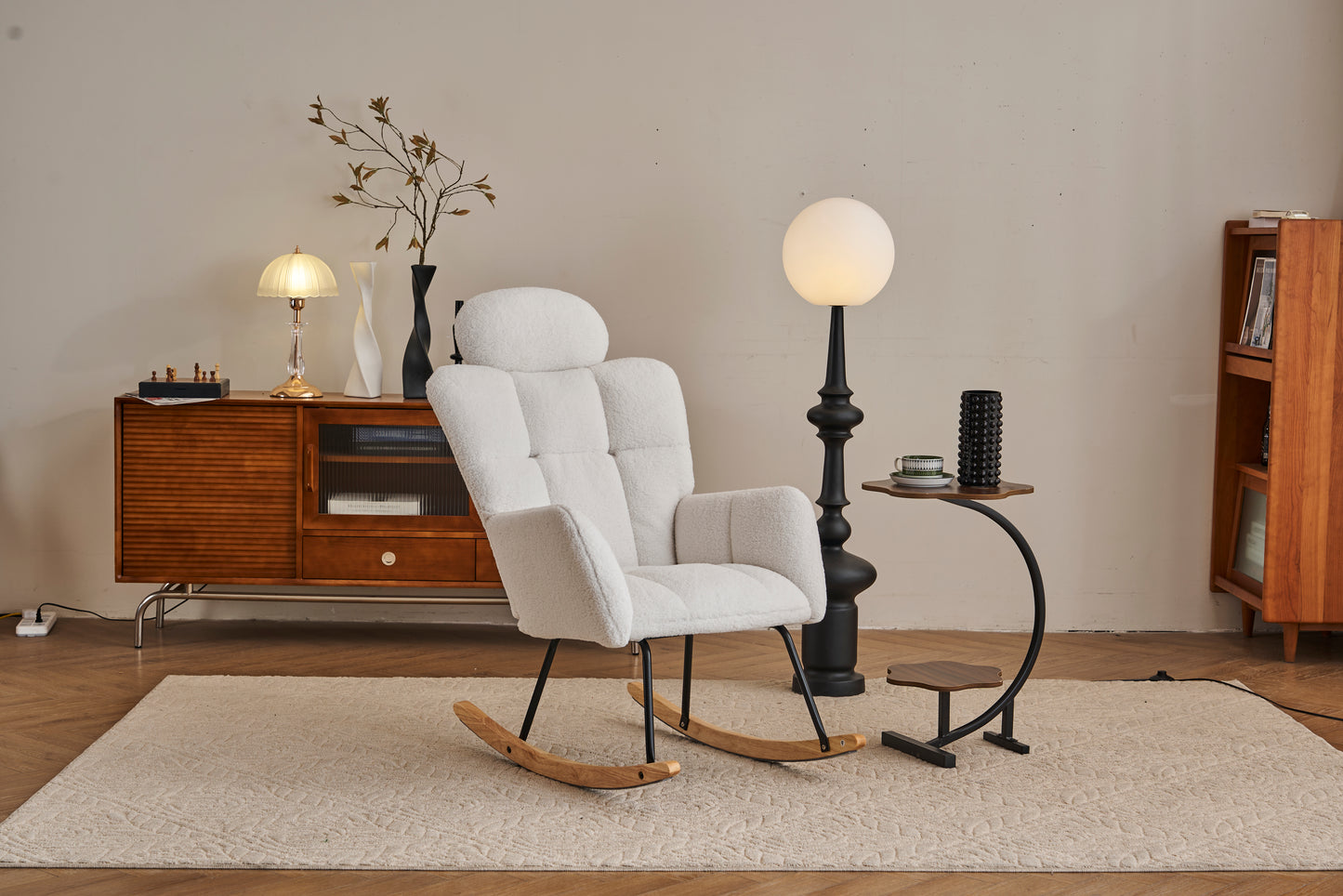 055-Teddy Fabric Upholstered Nursery Rocking Glider Chair Modern Accent Armchair Padded Seat with High Backrest and Pillow for Living Room Bedroom (Ivory)