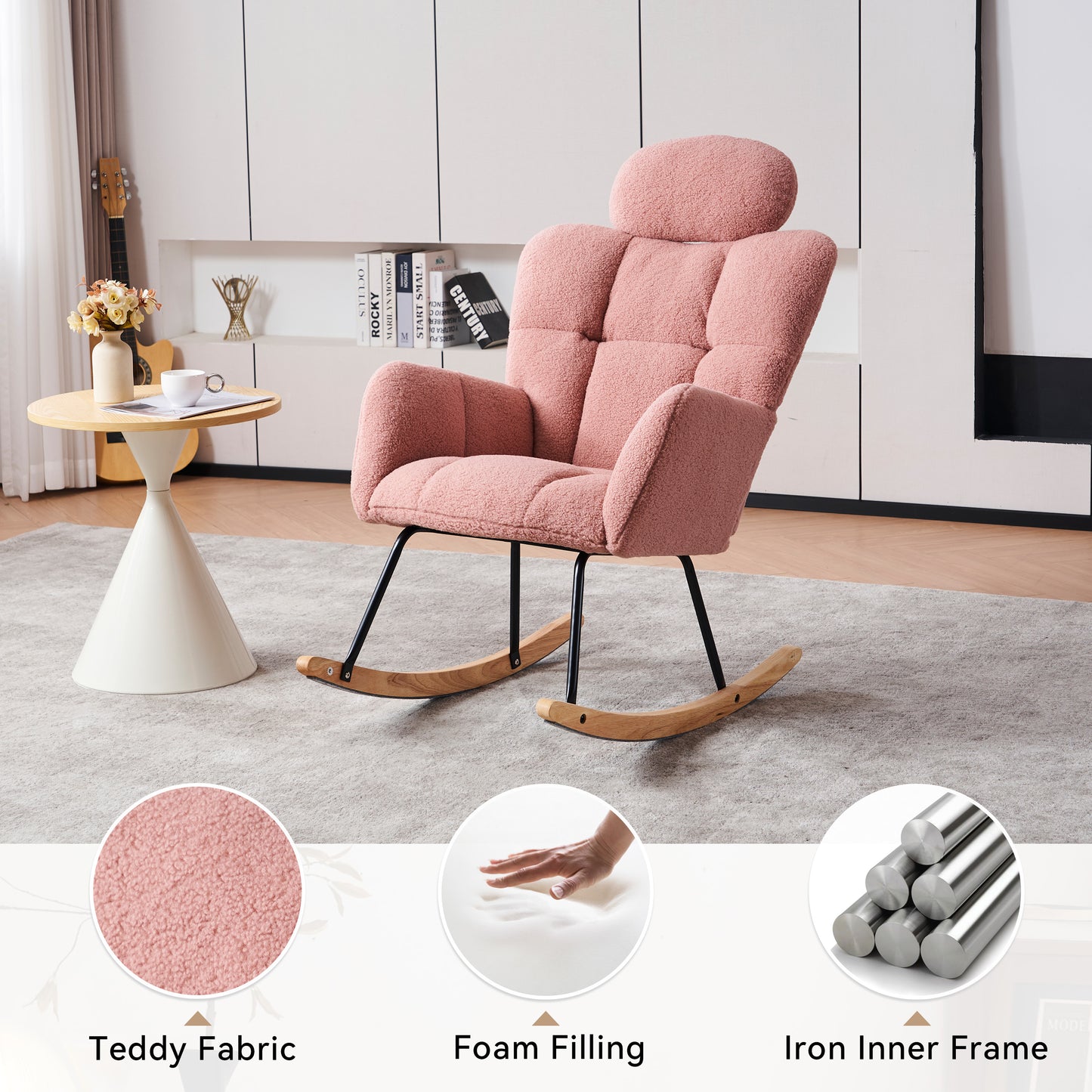 055-Teddy Fabric Upholstered Nursery Rocking Glider Chair Modern Accent Armchair Padded Seat with High Backrest and Pillow for Living Room Bedroom (Pink)