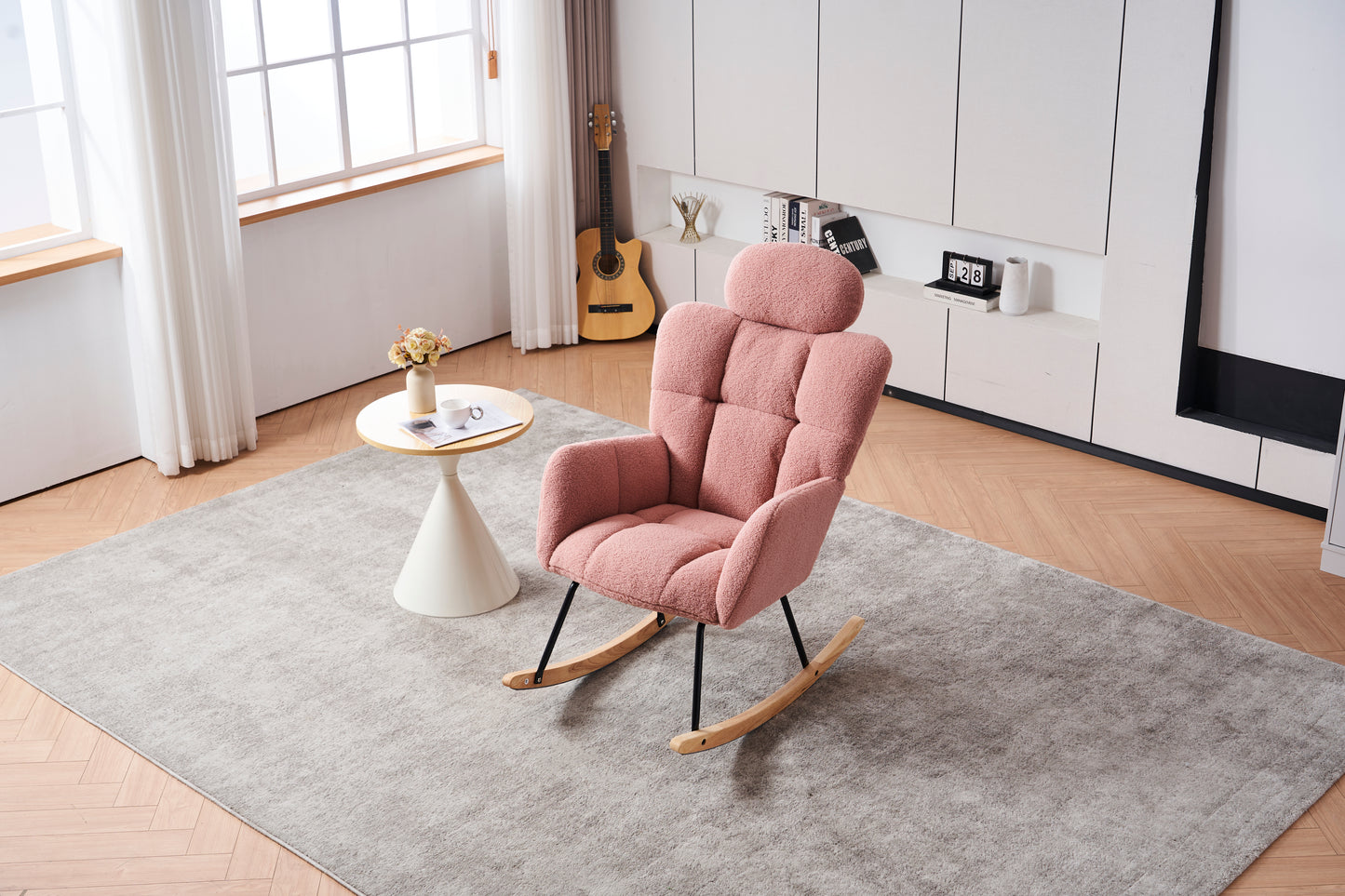 055-Teddy Fabric Upholstered Nursery Rocking Glider Chair Modern Accent Armchair Padded Seat with High Backrest and Pillow for Living Room Bedroom (Pink)
