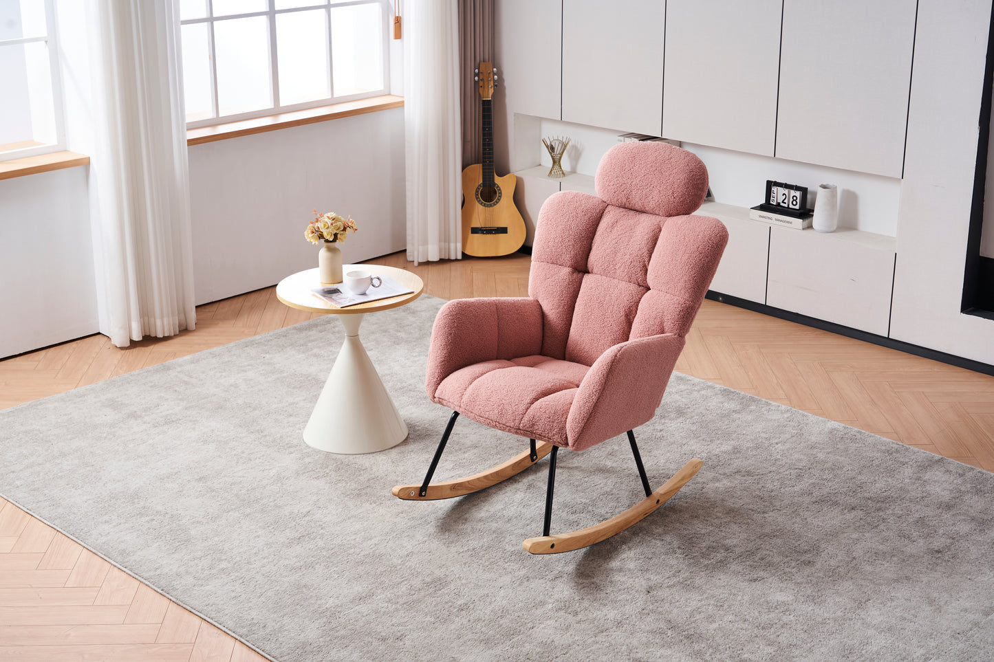 055-Teddy Fabric Upholstered Nursery Rocking Glider Chair Modern Accent Armchair Padded Seat with High Backrest and Pillow for Living Room Bedroom (Pink)