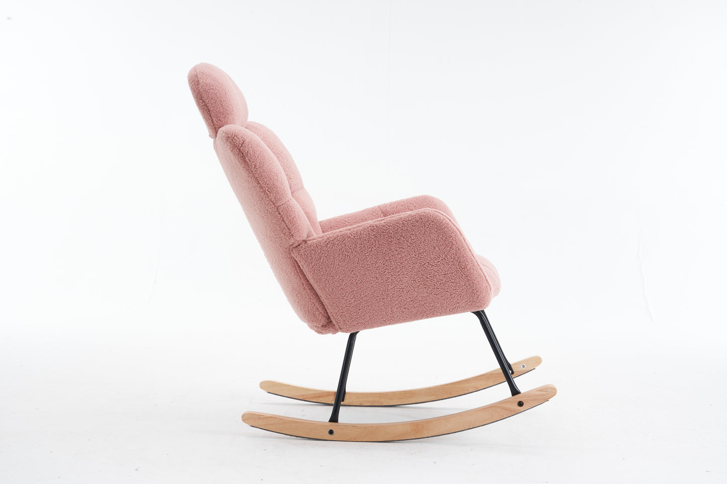 055-Teddy Fabric Upholstered Nursery Rocking Glider Chair Modern Accent Armchair Padded Seat with High Backrest and Pillow for Living Room Bedroom (Pink)