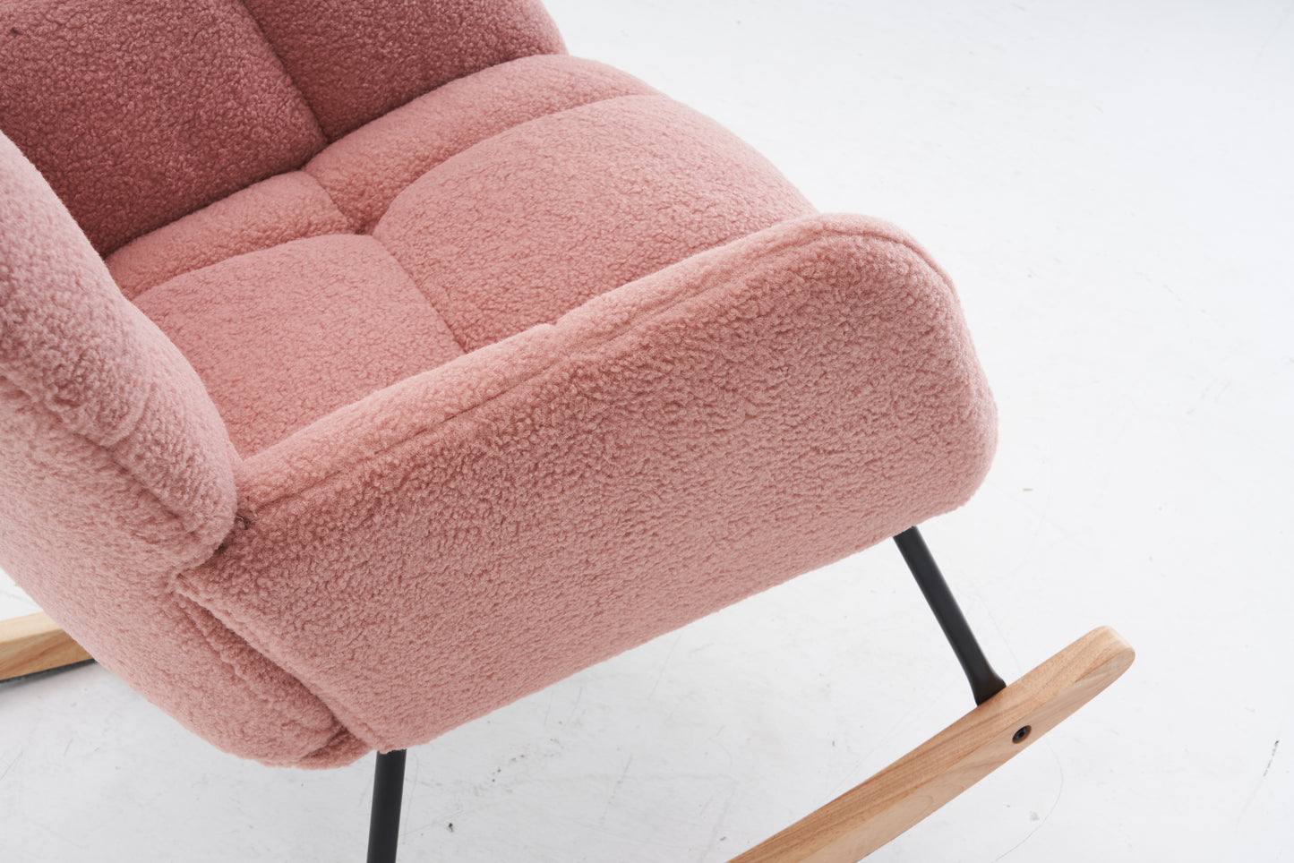 055-Teddy Fabric Upholstered Nursery Rocking Glider Chair Modern Accent Armchair Padded Seat with High Backrest and Pillow for Living Room Bedroom (Pink)