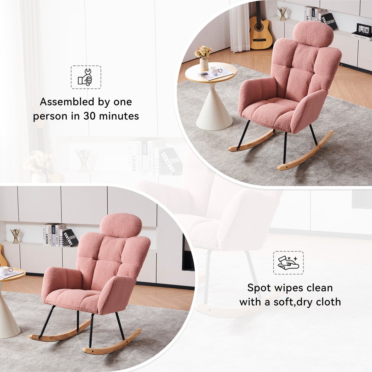 055-Teddy Fabric Upholstered Nursery Rocking Glider Chair Modern Accent Armchair Padded Seat with High Backrest and Pillow for Living Room Bedroom (Pink)