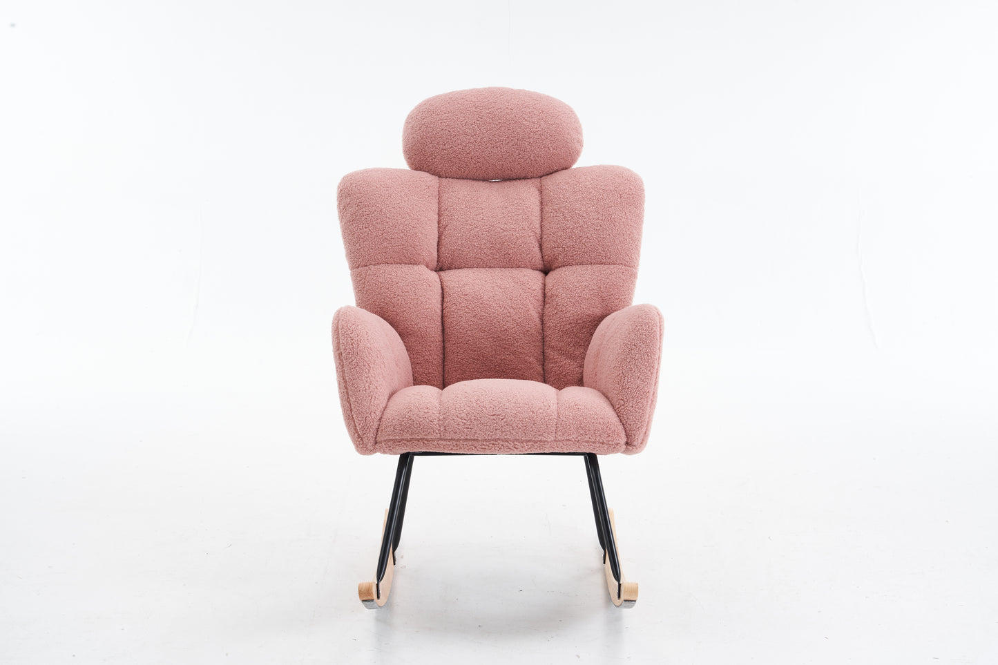 055-Teddy Fabric Upholstered Nursery Rocking Glider Chair Modern Accent Armchair Padded Seat with High Backrest and Pillow for Living Room Bedroom (Pink)