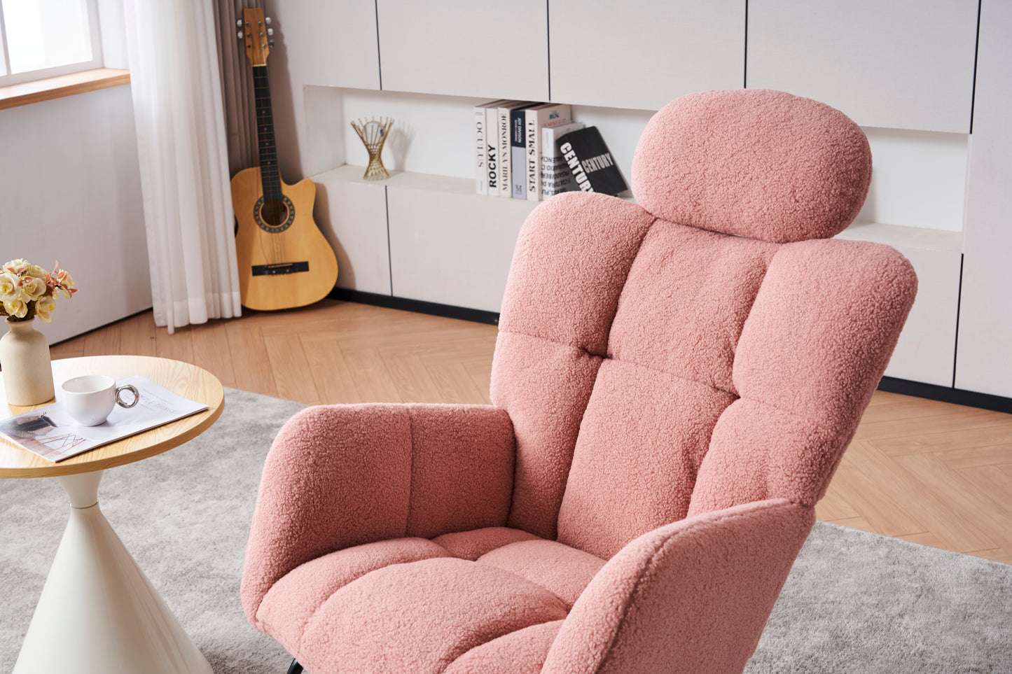 055-Teddy Fabric Upholstered Nursery Rocking Glider Chair Modern Accent Armchair Padded Seat with High Backrest and Pillow for Living Room Bedroom (Pink)