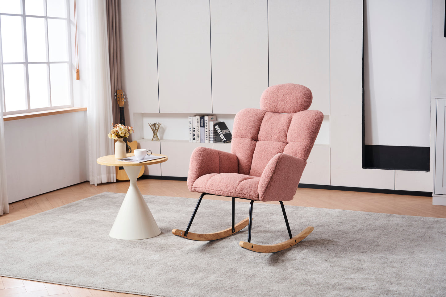 055-Teddy Fabric Upholstered Nursery Rocking Glider Chair Modern Accent Armchair Padded Seat with High Backrest and Pillow for Living Room Bedroom (Pink)