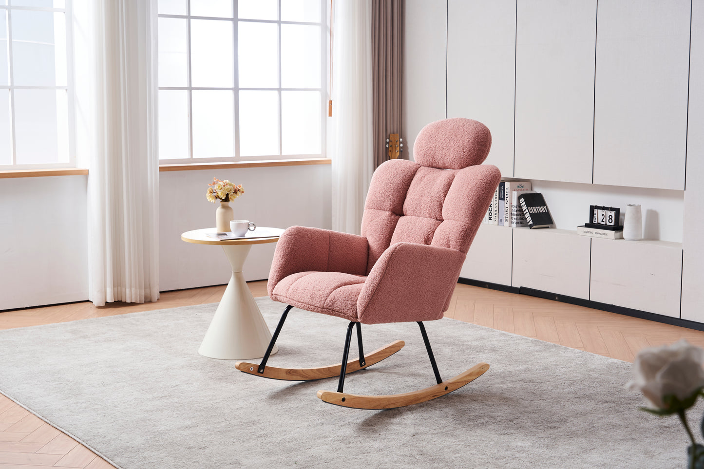 055-Teddy Fabric Upholstered Nursery Rocking Glider Chair Modern Accent Armchair Padded Seat with High Backrest and Pillow for Living Room Bedroom (Pink)